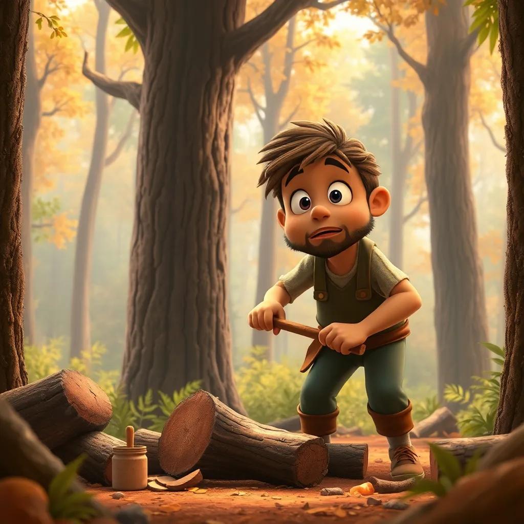 A woodcutter in a forest, chopping wood near a carob tree, surprised expression, detailed digital art, warm colors, peaceful setting, high quality