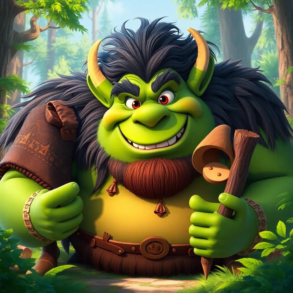 A large ogre, welcoming the woodcutter, with green skin and wild hair, in a magical forest, friendly yet imposing expression, bright colors, cheerful atmosphere, high quality