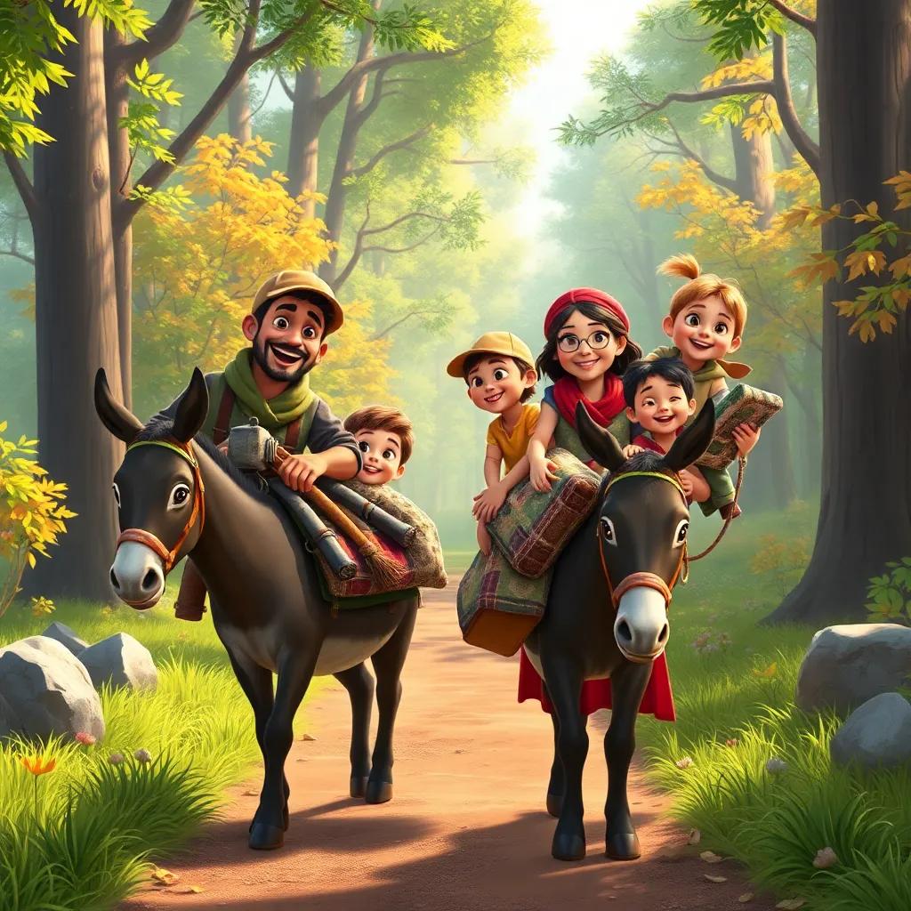 A happy woodcutter with his wife and children smiling, loading their belongings on a donkey, in a beautiful forest path, joyful and vibrant colors, family atmosphere, high quality