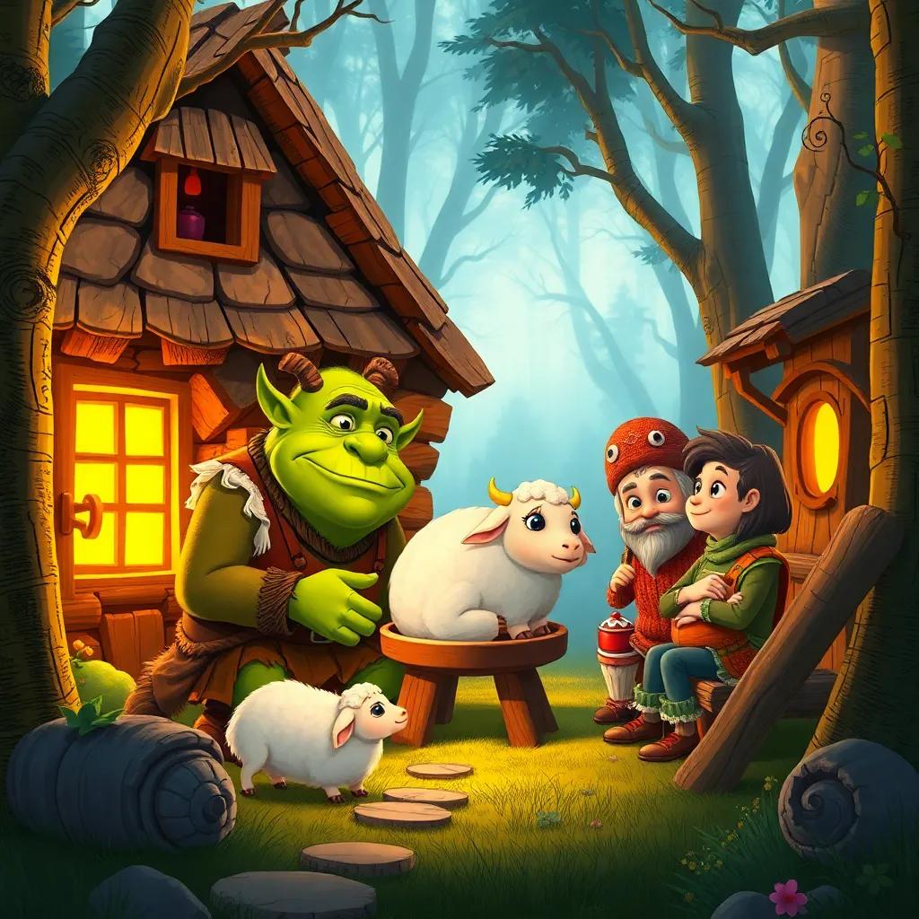 A warm cottage in the woods, with the ogre serving a large lamb to the woodcutter and his family, cozy and inviting, bright colors, detailed digital art, high quality