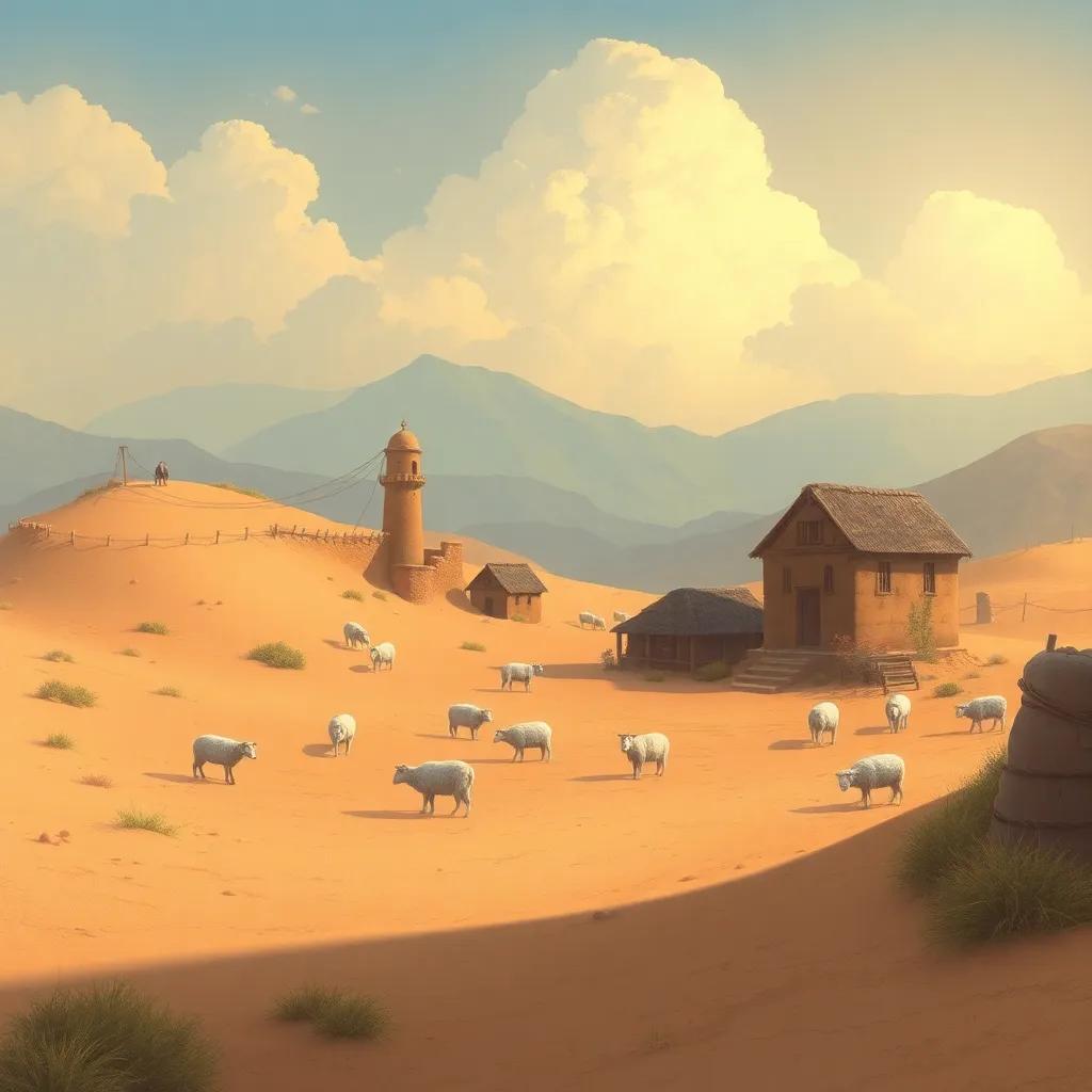 A deserted village with grazing sheep, peaceful and quiet, illustrations with soft colors, magical atmosphere, high quality