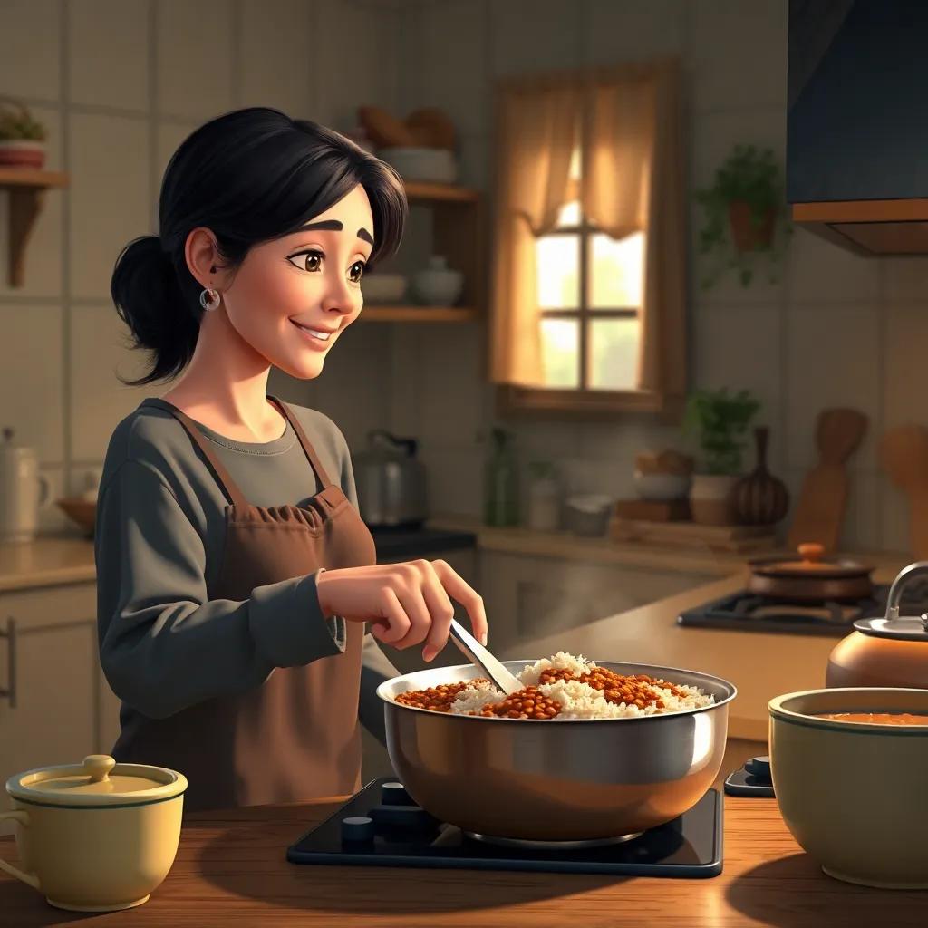 The wife cooking lentils and rice, in a cozy kitchen, gentle light, warm colors, detailed digital art, high quality