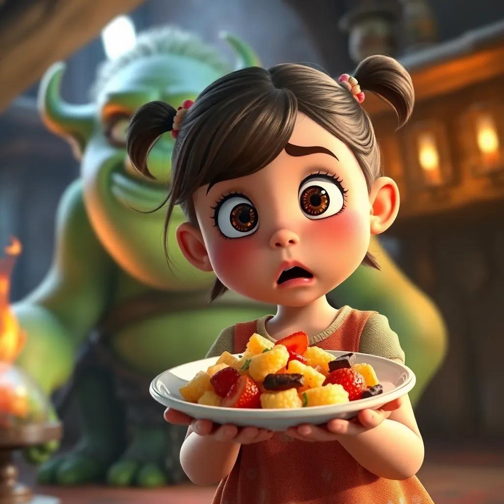 A young girl holding a plate of food, looking scared as she sees something unusual in the ogre's house, surprised expression, rich colors, detailed background, high quality