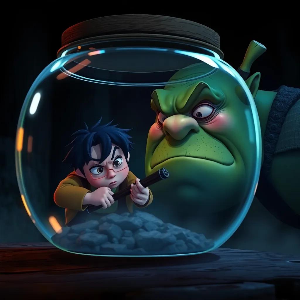 A dramatic scene of the woodcutter hiding in a jar, with the ogre frustrated, dark colors, intense atmosphere, detailed expressions, high quality