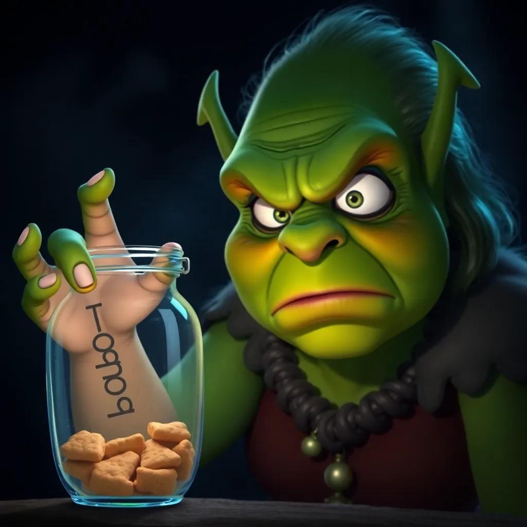 The ogre looking angry and confused, her hand raised as if to strike the jar, dark surroundings, emotional depiction, high quality