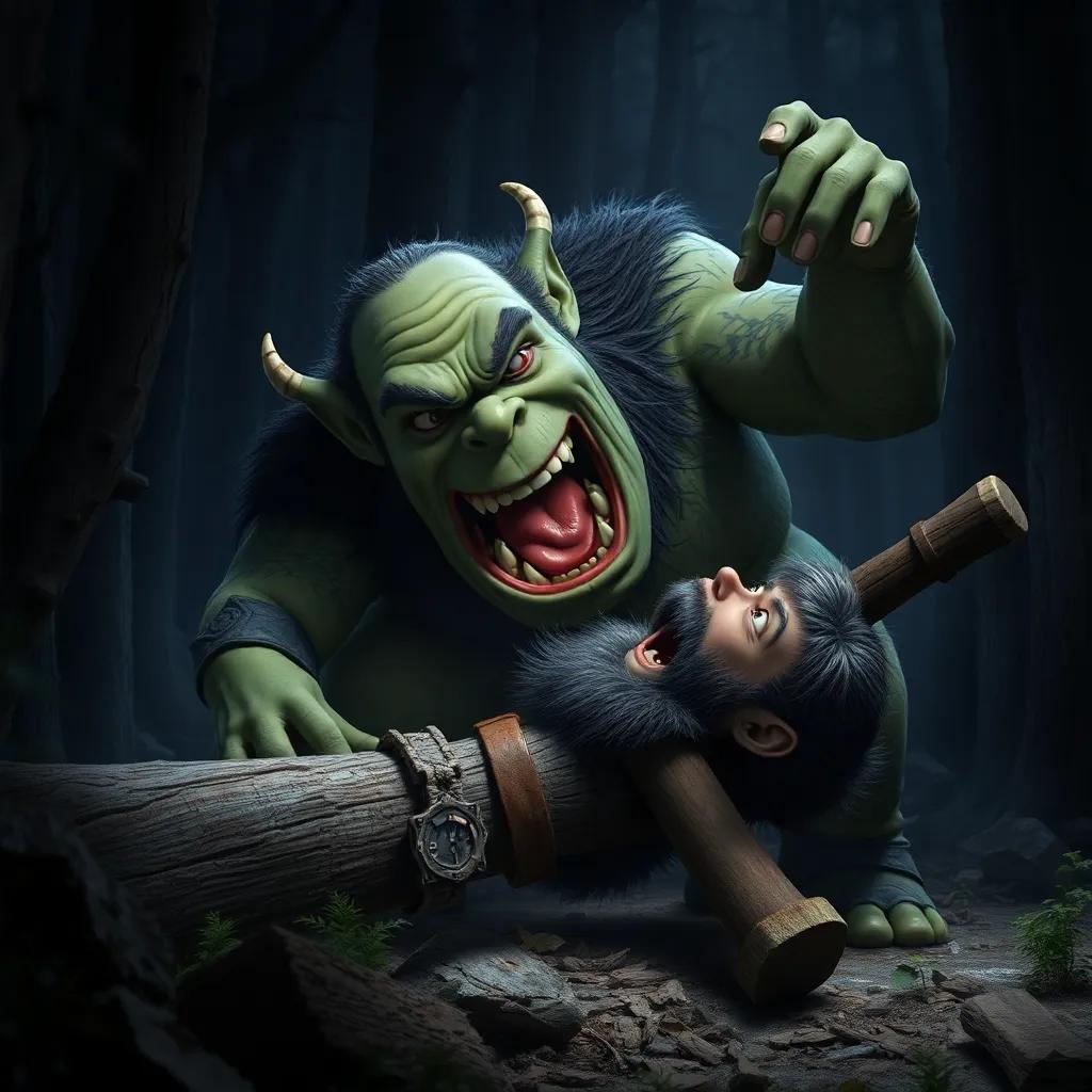 A scary scene depicting the ogre devouring the woodcutter, with a dark forest background, eerie atmosphere, highly detailed digital art, high quality
