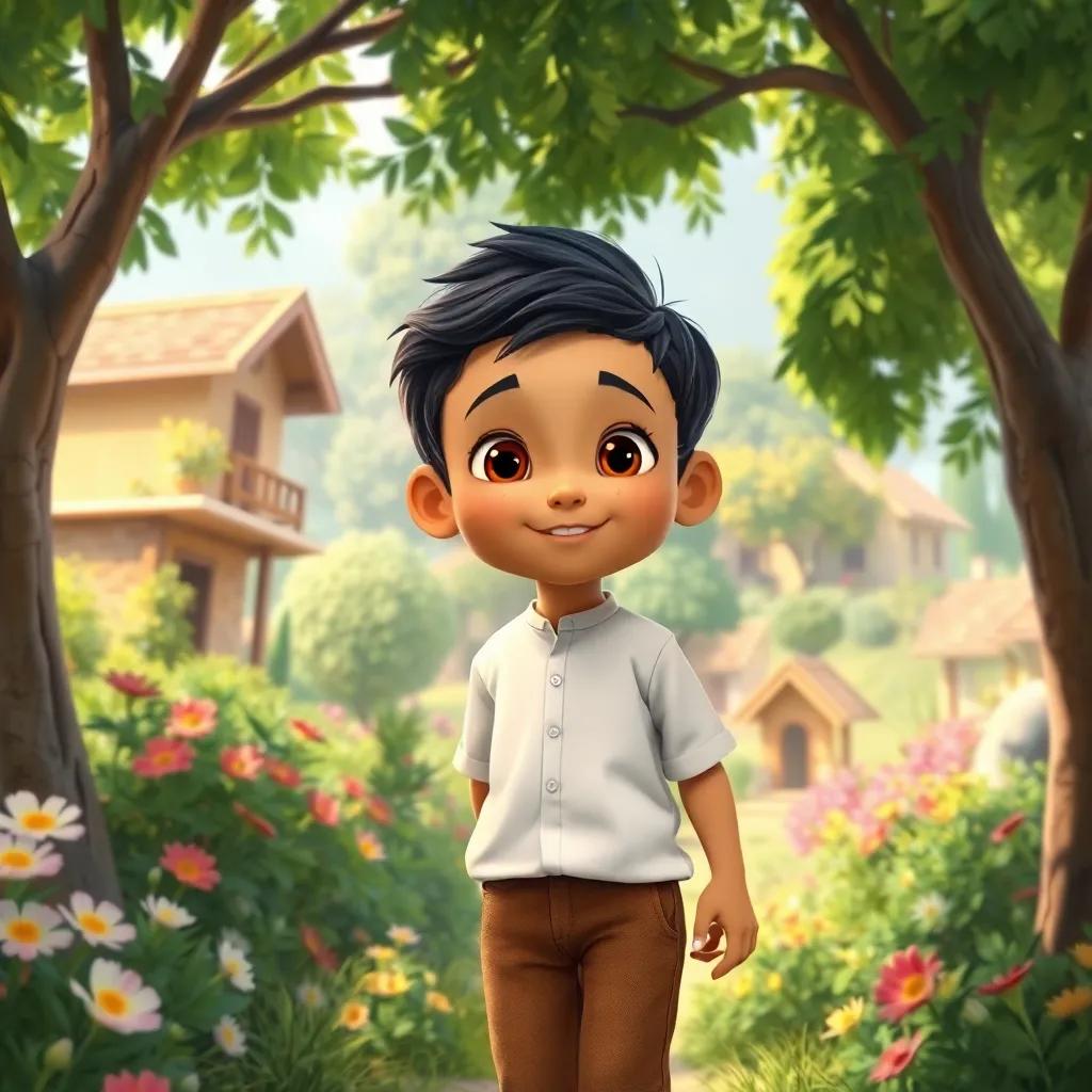 A young Arab boy, Ali, with short black hair, wearing a simple white shirt and brown pants, exploring a vibrant green village filled with trees and flowers, joyful atmosphere, digital art, detailed, warm colors, child-friendly