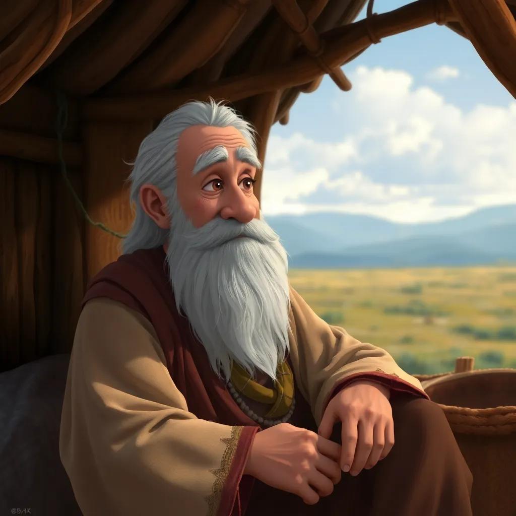 An elderly wise man, sitting in a small rustic hut, wearing traditional clothes, with a long white beard and wise eyes, looking thoughtfully at the horizon, inviting environment, digital painting, serene atmosphere, detailed