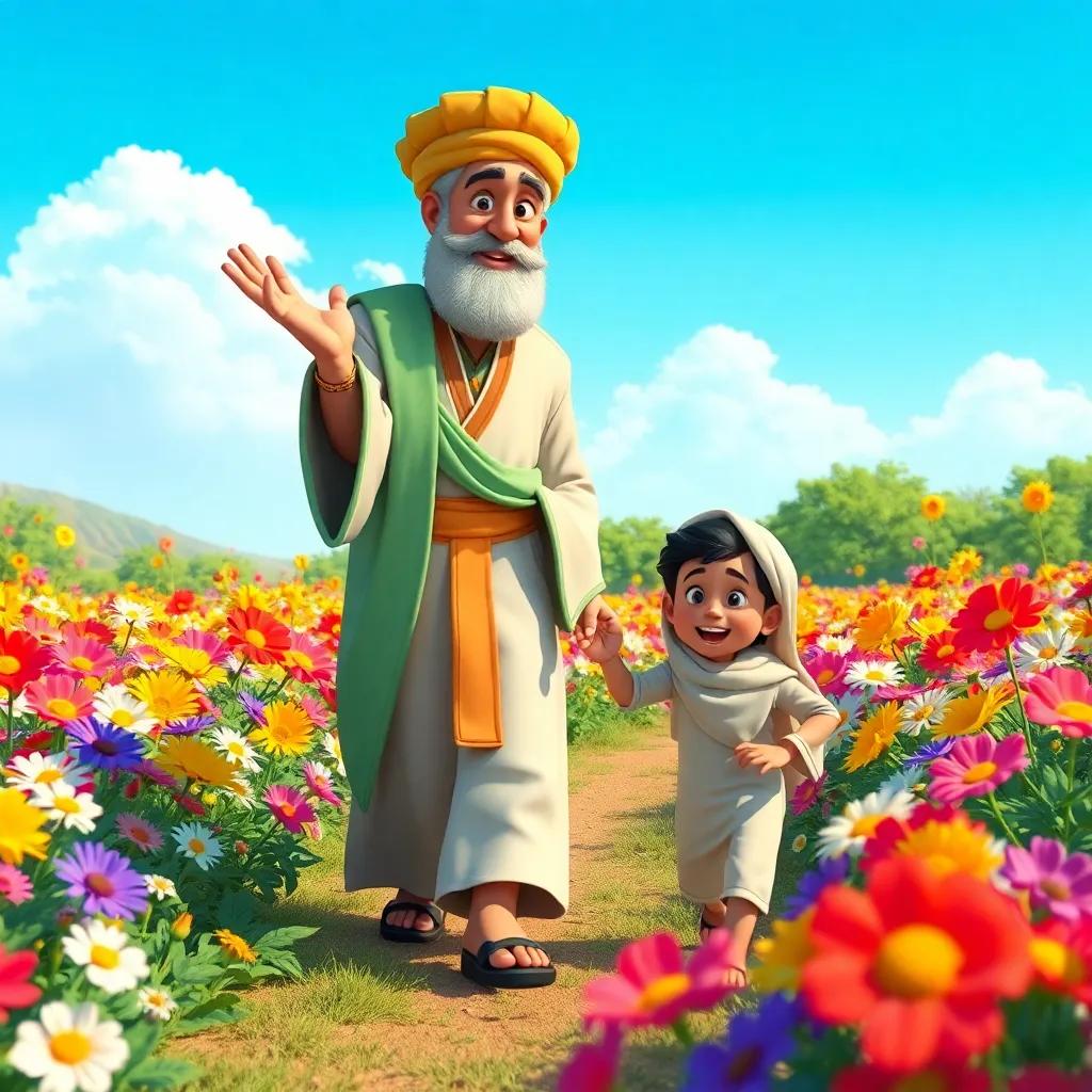 The wise man, leading Ali, a young Arab boy, through a beautiful flower garden, filled with colorful flowers and a clear blue sky, cheerful and enlightening, digital art, vibrant colors, uplifting scene