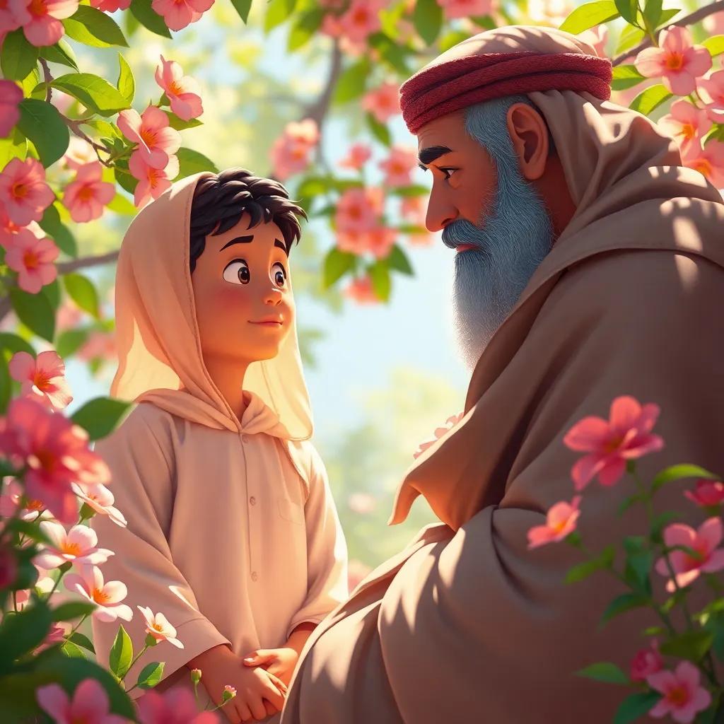 Ali, a young Arab boy, listening intently to the wise man's teachings surrounded by blooming flowers, sunlight filtering through the leaves, peaceful and inspiring atmosphere, digital painting, detailed, bright