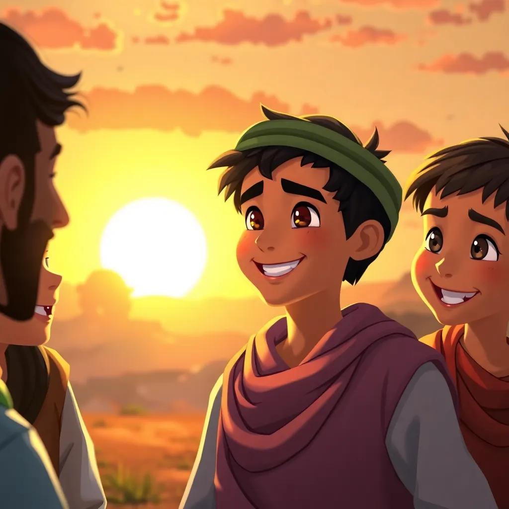 Ali, a young Arab boy with a confident smile, sharing wisdom with his friends in the village under a bright sunset, joy and friendship visible in their eyes, warm colors, vibrant scene, digital art, heartwarming