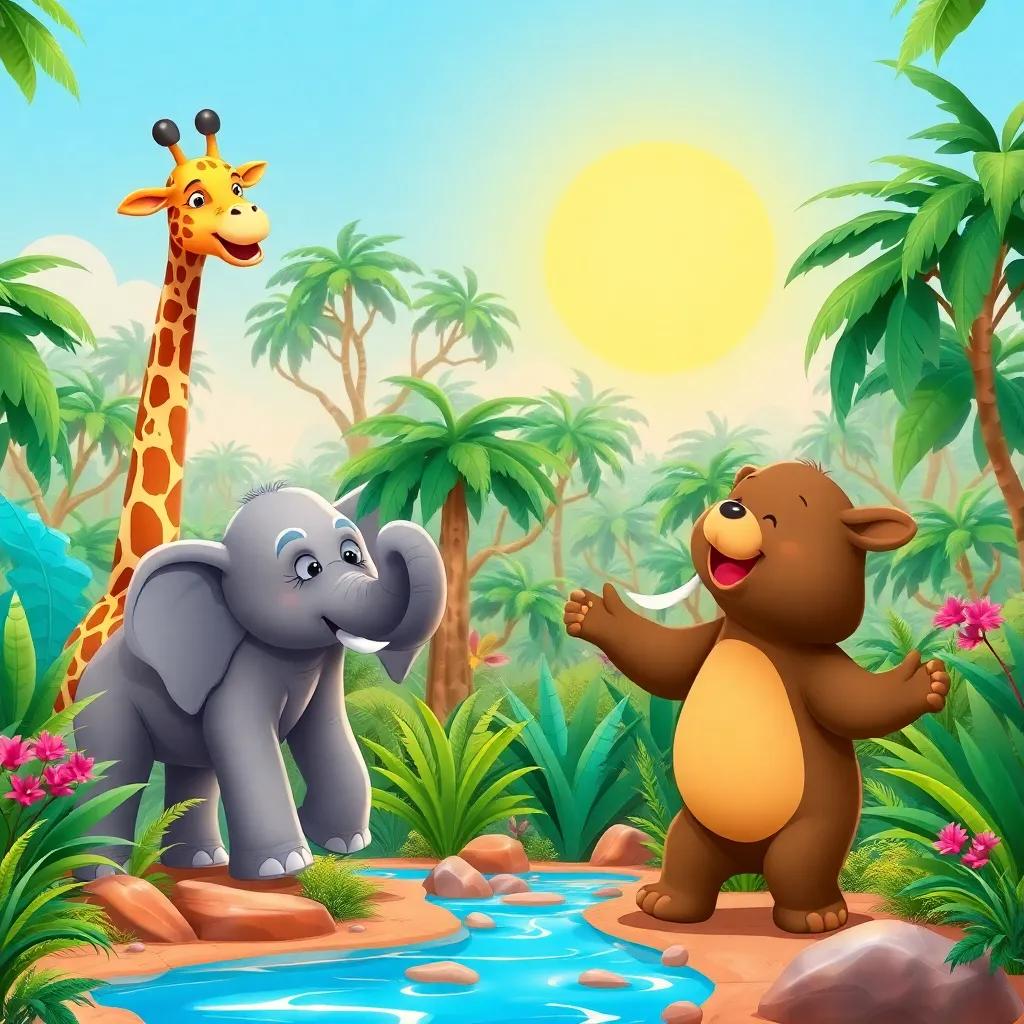 A colorful jungle scene with a tall giraffe, a big elephant, and a dancing bear, cheerful atmosphere, vibrant colors, sunny day, lively environment, illustration, child-friendly