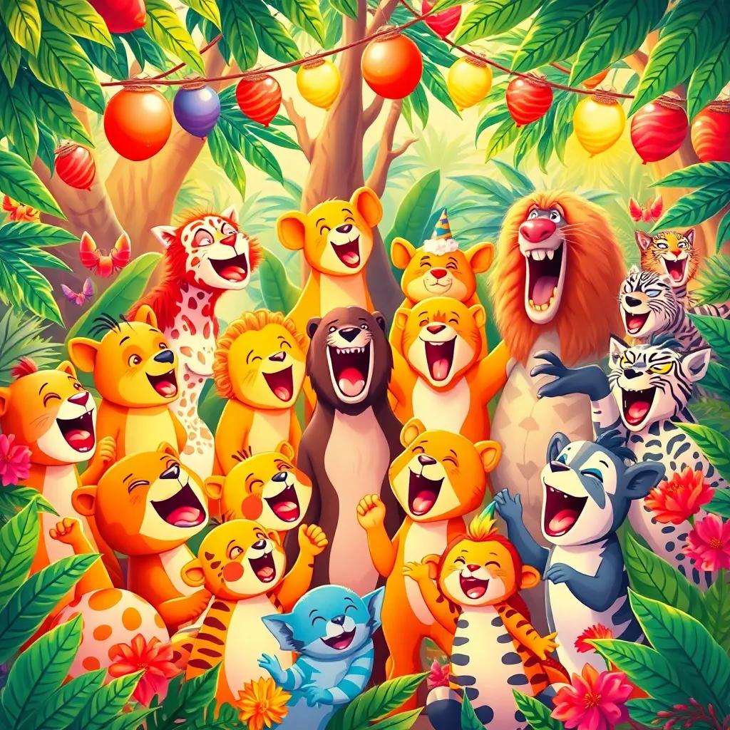 A happy gathering of animals in a vibrant jungle, various animals singing and celebrating together, colorful decorations, joyful expressions, festive atmosphere, illustration, warm colors, high quality