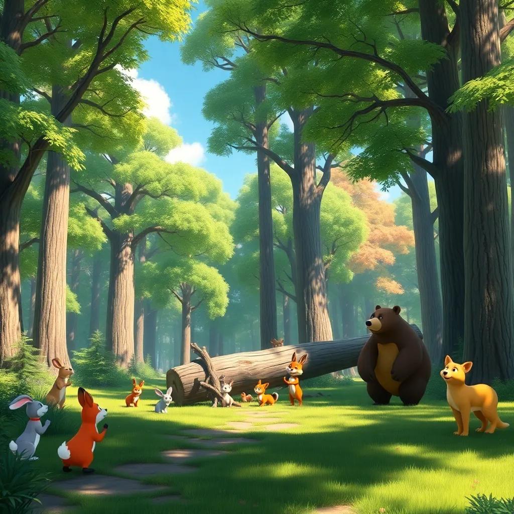 A large forest with bright green trees, animals like rabbits, foxes, and bears gathered around a fallen tree blocking a path, bright and vibrant, daytime, clear blue sky, cheerful atmosphere