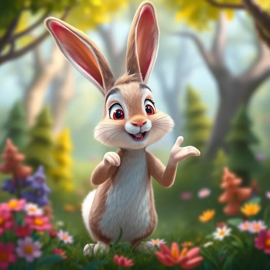 A quick rabbit with big ears planning, animated and engaging, colorful forest background, energetic vibe, handheld trees and flowers