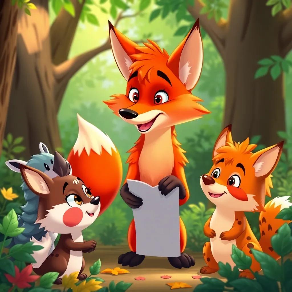 A clever fox with bright red fur explaining a plan to the other animals, surrounded by trees and foliage, bright colors, playful expressions, child-friendly