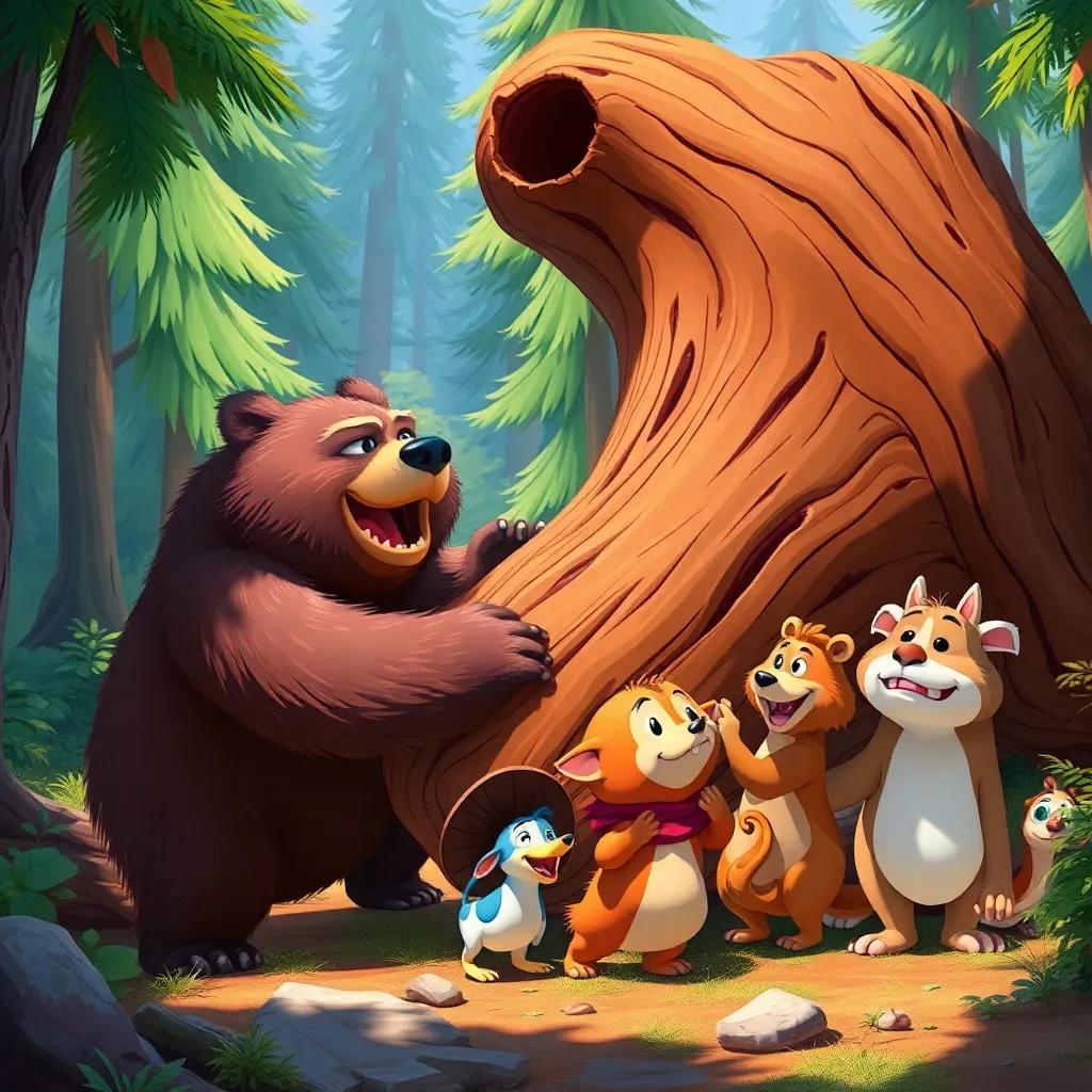 A strong bear working together with the animals to push the fallen tree, with determination and teamwork, colorful forest, sunny, vivid