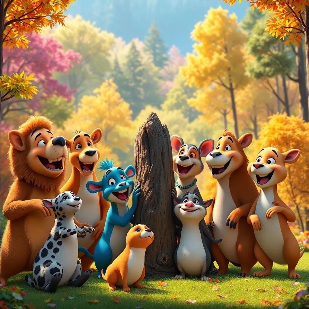 All the animals celebrating together after removing the tree, smiles and laughter, colorful forest in the background, warmth and joy, bright and inviting