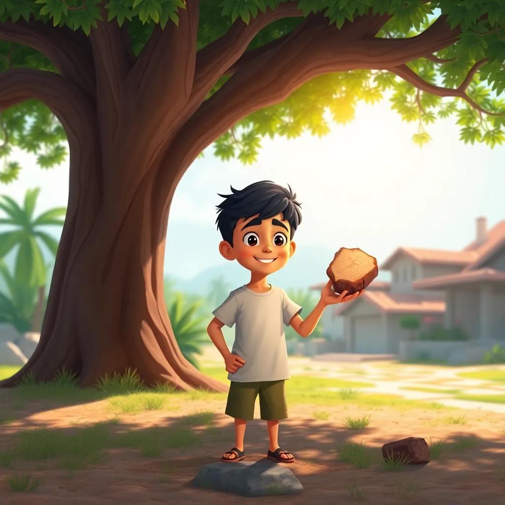 A young Arab boy, Ali, with short, dark hair, wearing a simple t-shirt and shorts, finding a magical piece of wood under a large tree in a sunny village, colorful, bright atmosphere, detailed illustration, cheerful