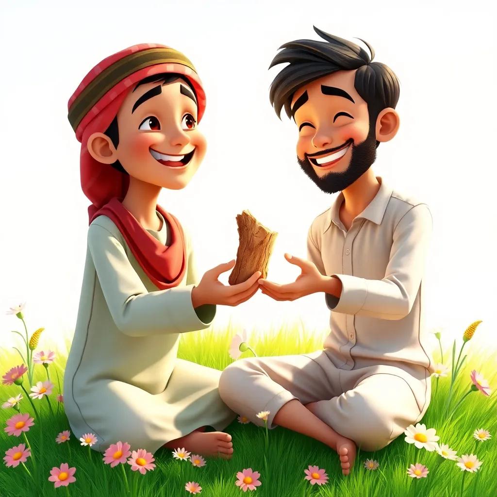 Ali, a young Arab boy, joyful expression, giving the magical piece of wood to his friend Hassan, who is smiling and wearing a shirt and pants, sitting on grass surrounded by flowers, bright colors, uplifting scene