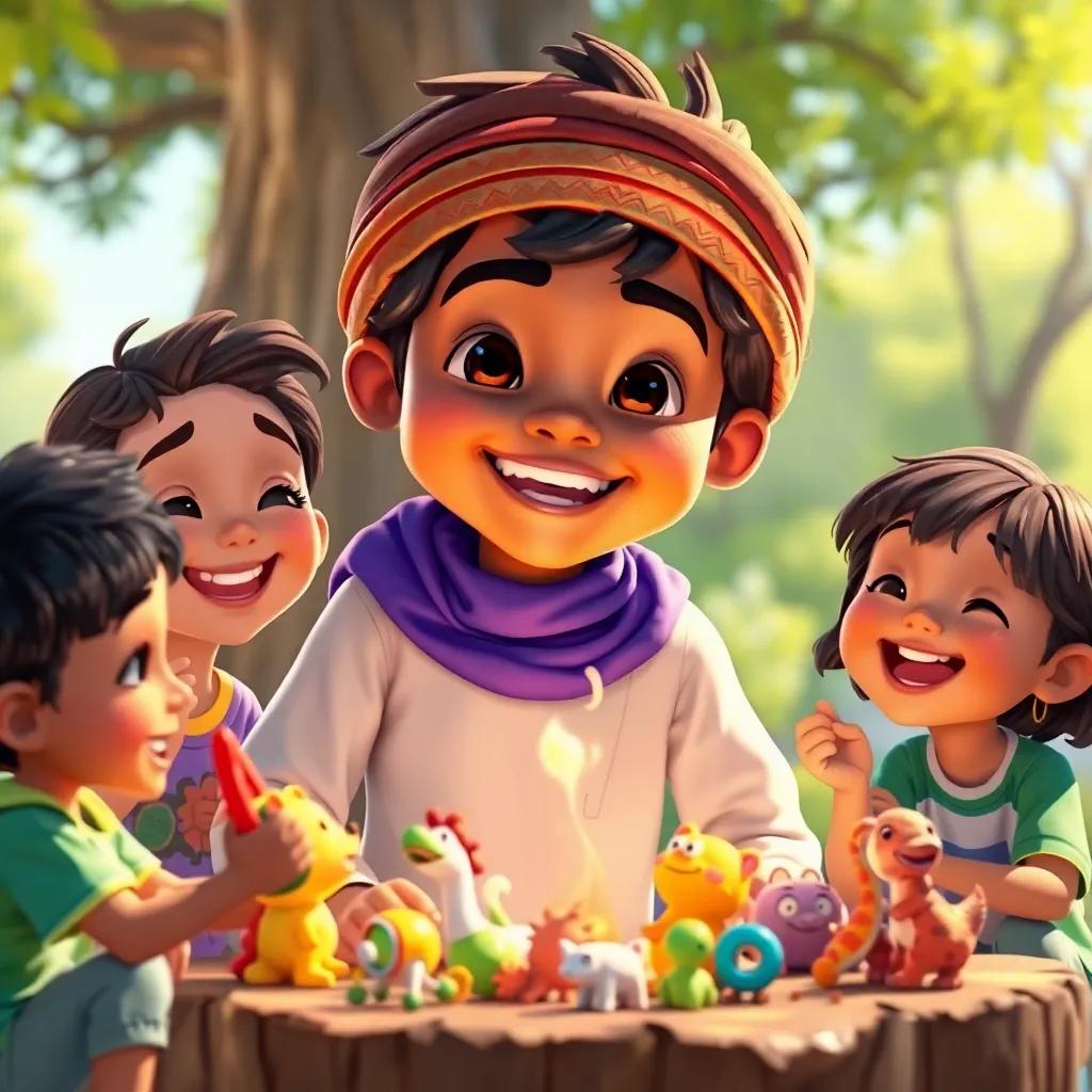 Ali, a young Arab boy, with friends playing with a variety of toys that emerged from the magical wood, happy children in a sunny park, laughter and joy, vibrant colors, detailed digital art