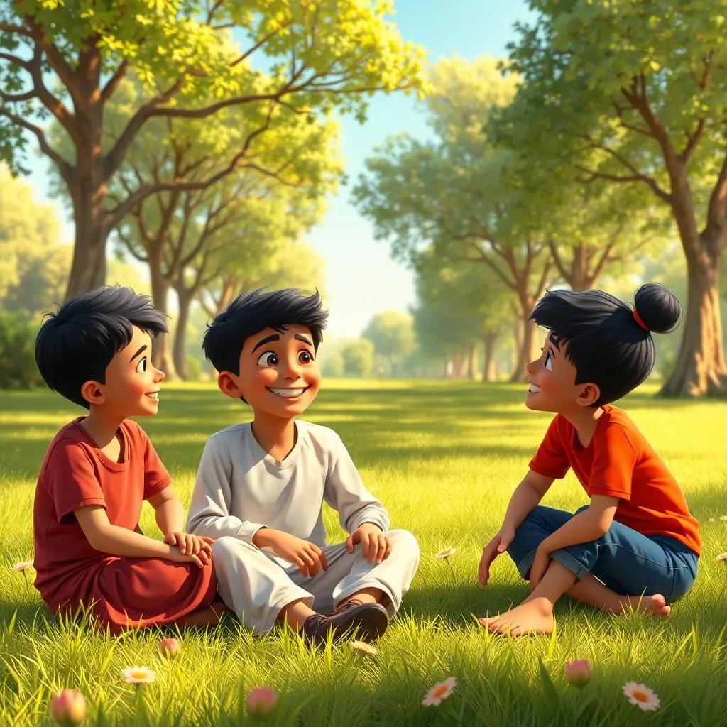 Ali, a young Arab boy, sitting with friends on the grass, sharing a moment of joy and laughter, surrounded by a sunny park with trees, warm colors, heartfelt atmosphere