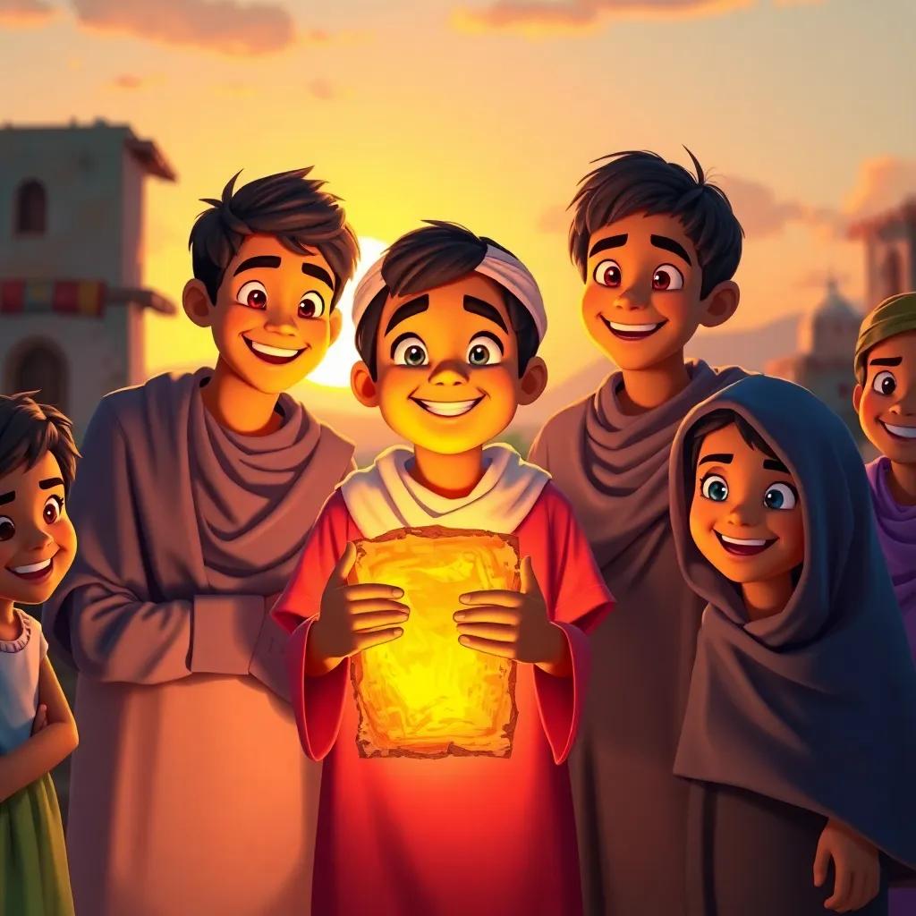 Ali, a young Arab boy, with his friends around him, holding the magical piece of wood glowing, smiles all around, in a beautiful village scene at sunset, inviting light, cheerful and warm