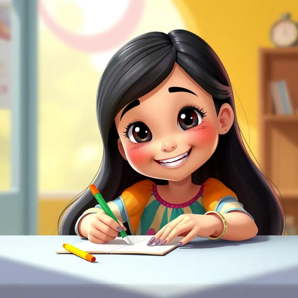 A happy girl, Leila, with long dark hair and a colorful dress, sitting at a table with a notebook and colorful pens, writing with a big smile, bright and cheerful atmosphere, digital art, child-friendly