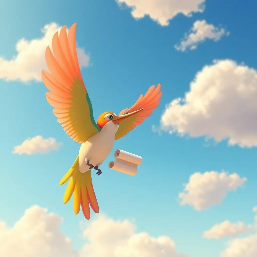 A colorful bird flying towards Leila and Ali, holding a small scroll in its beak, amidst a sunny day with blue sky and fluffy clouds, illustration, warm colors, magical feel