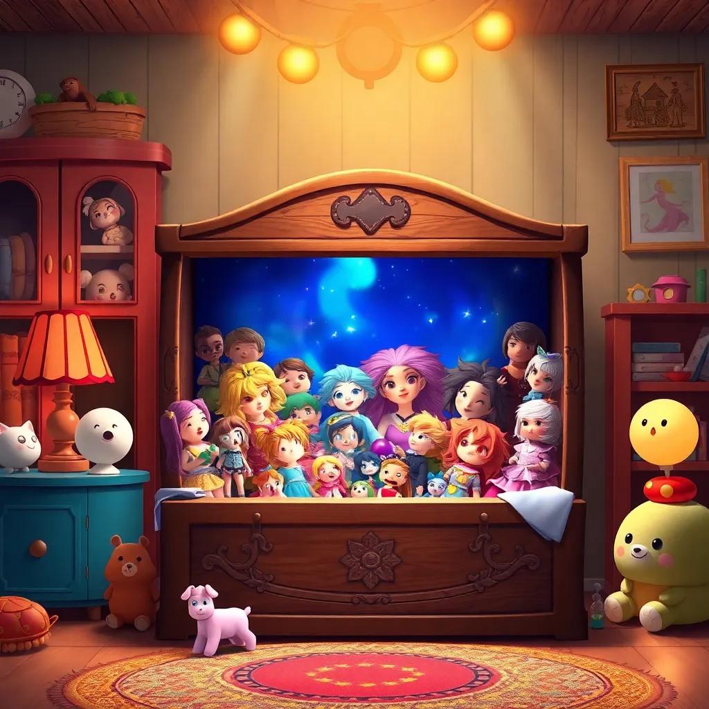 A magical box in a children's room filled with beautiful dolls of all shapes and colors, warm lighting, inviting atmosphere, detailed illustration