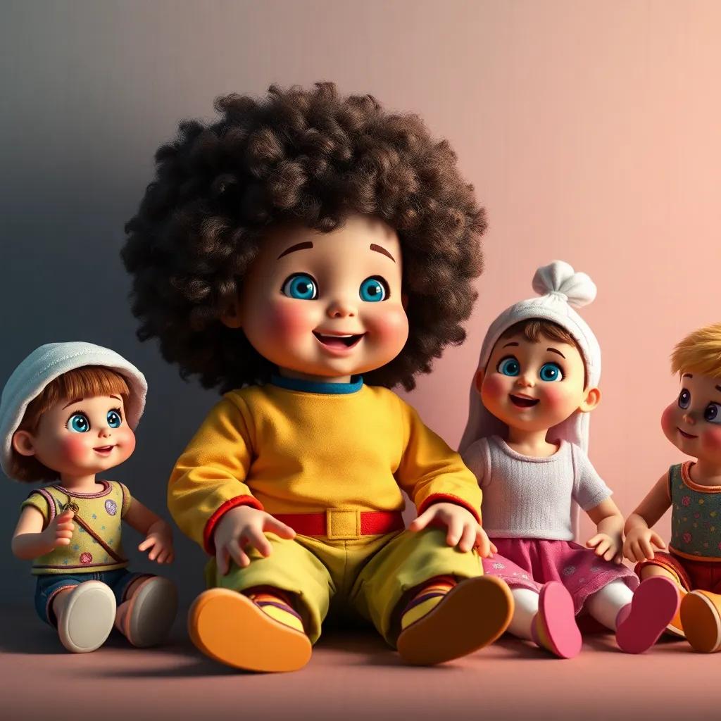 Dolls coming to life, sitting together, a large doll speaking about space adventure, bright colors and cheerful expressions, captivating scene, highly detailed