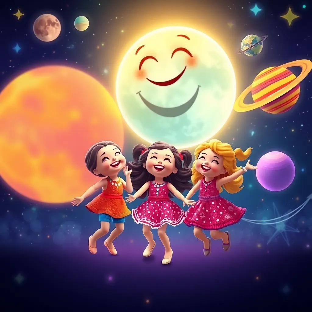 Dolls dancing joyfully with a laughing moon and vibrant planets surrounding them, starry backdrop, joyful atmosphere, magical and colorful