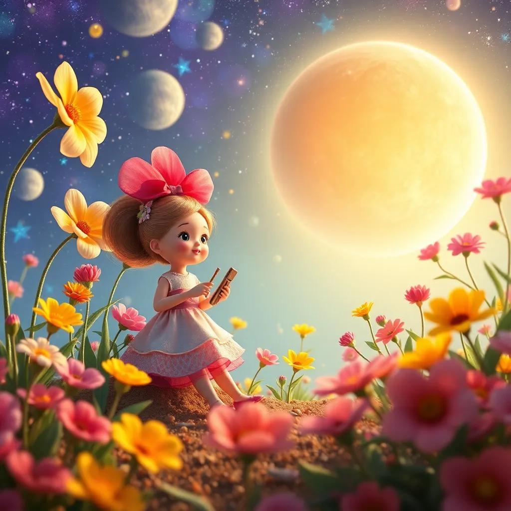 Dolls visiting a planet of flowers, with bright, colorful flowers playing beautiful music, whimsical scene, enchanting and dreamy