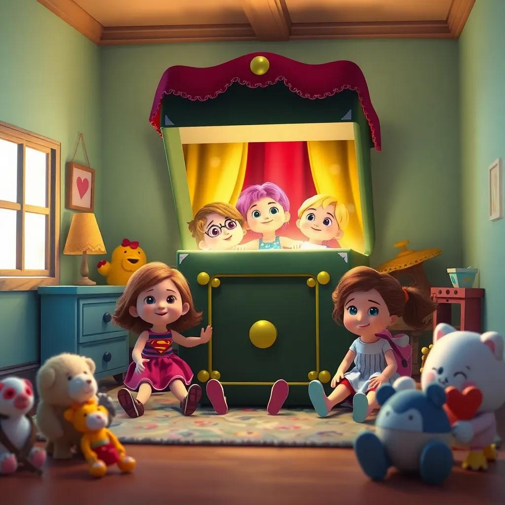 Dolls returning to the magical box after their adventure, cheerful expressions, cozy room with toys around, heartwarming conclusion, bright and inviting