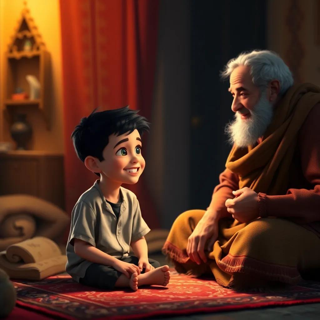 A young Algerian boy, Houari, with short black hair wearing a simple shirt, sitting on a rug listening to an elder man telling stories, warm light, inviting atmosphere, joyful expression