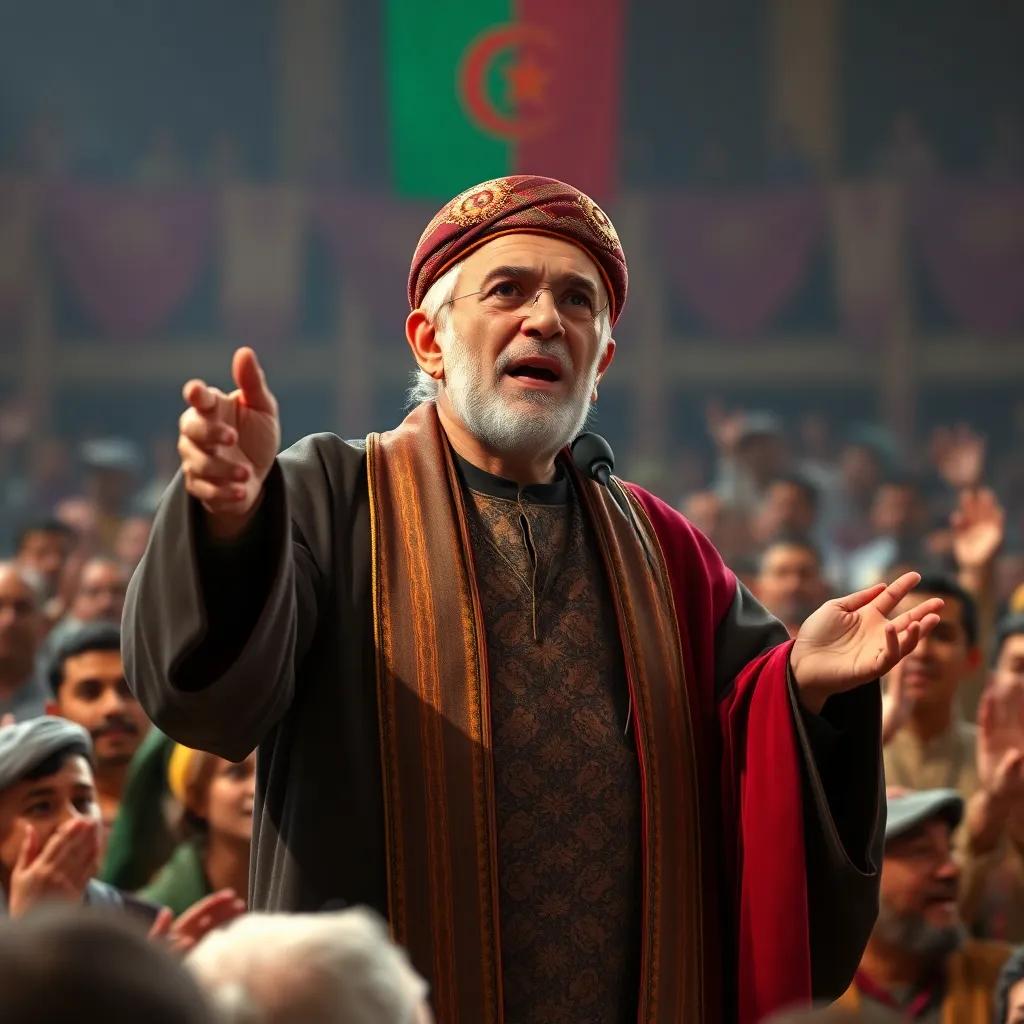An older man, Houari Boumediene, in traditional Algerian attire, giving a powerful speech to a crowd, surrounded by applauding people, strong colors, inspirational atmosphere