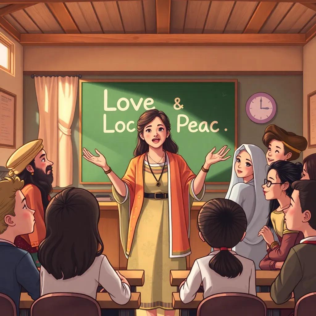 A teacher in a classroom, passionately explaining love and peace to her students, diverse ethnicities, traditional and modern outfits, inspirational atmosphere, warm light, focused expressions, detailed digital art, high quality