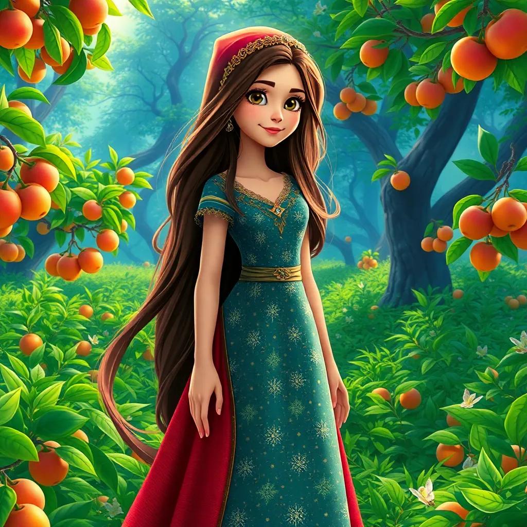 A secretive witch named Hashoura, a young Arab woman, with long flowing hair and a dress sparkling with stars, standing in a vibrant green forest filled with fruit trees, bright and cheerful atmosphere, digital art, high quality
