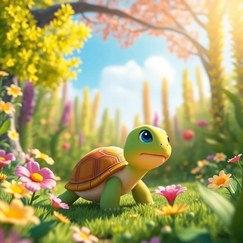 A small turtle named Sara exploring a beautiful forest with bright flowers and tall trees under a sunny sky, cheerful atmosphere, digital art, vibrant colors, child-friendly scene, high quality