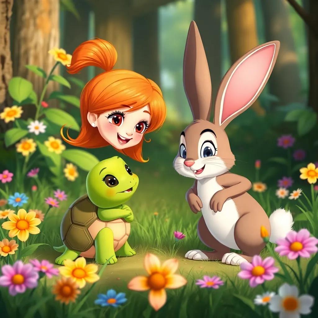 Sara, a small turtle, meeting a fast rabbit named Rami in the forest, both characters smiling with curiosity, surrounded by colorful flowers and green grass, friendly interaction, illustration, engaging design, high quality