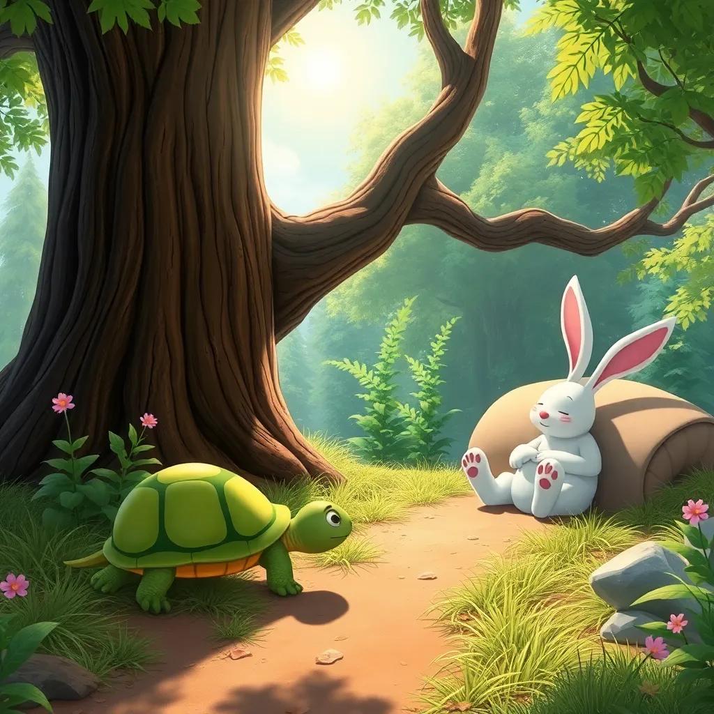 Sara the turtle creeping slowly on a forest path while Rami the rabbit is taking a nap under a big tree, the sun shining brightly, peaceful environment, delightful colors, storybook style, high quality