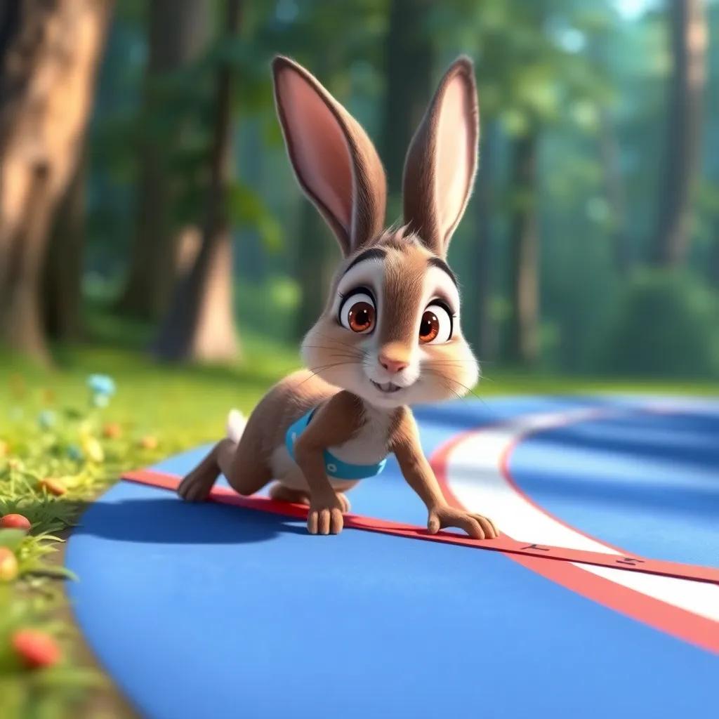 The fast rabbit Rami waking up from his nap and seeing Sara almost at the finish line, with a look of surprise on his face, bright forest background, vivid colors, animated style, high quality