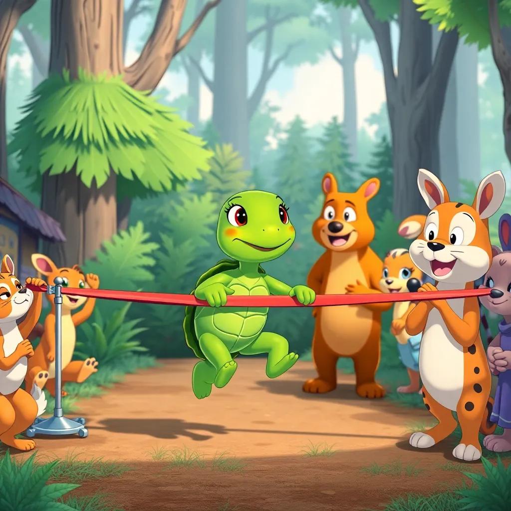 Sara the turtle crossing the finish line first, surrounded by forest animals cheering for her, Rami looking impressed, joyful atmosphere, bright colors, children’s book illustration style, high quality