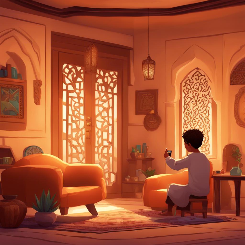 A 12-year-old Arab boy named Mohammed, entering a cozy living room decorated with traditional Emirati furnishings, holding his phone and waving hello, digital art, warm colors, inviting atmosphere, high quality