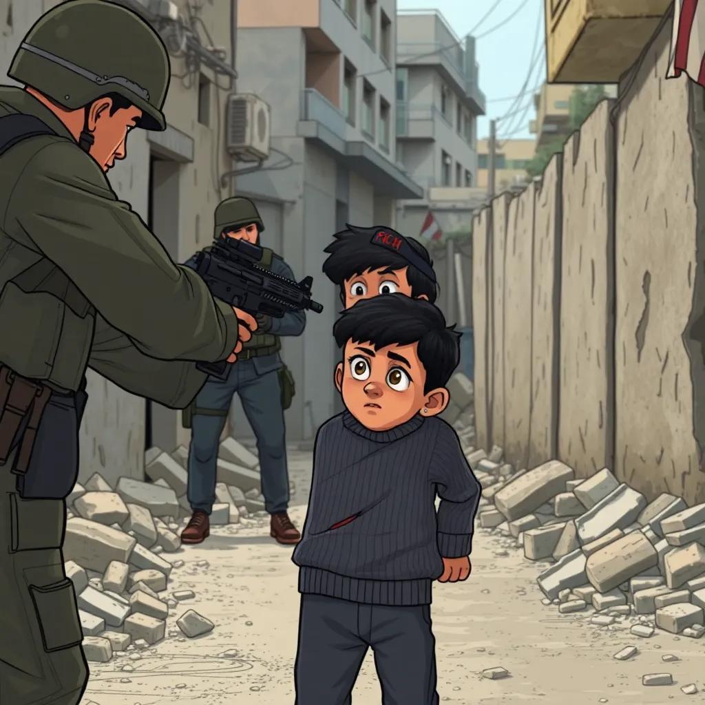 A partially destroyed street scene with a soldier in full military gear aiming a firearm at a small Palestinian boy about eight years old, wearing a torn sweater, showing a mix of defiance and fear, graphic novel style, detailed, tense atmosphere, muted colors, emotional focus, high quality, cinematic angle