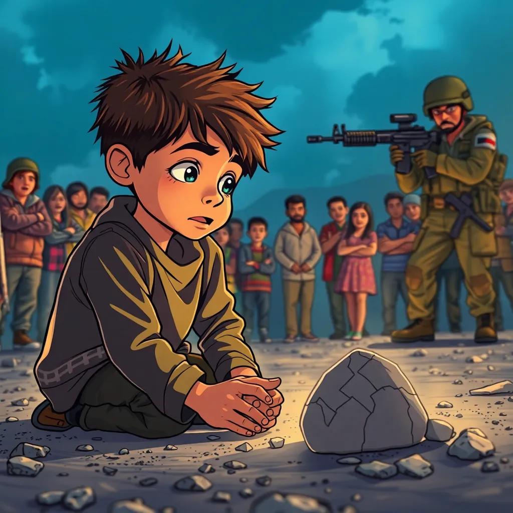 The Palestinian boy now kneeling on the ground holding a small stone tightly, a mix of bravery and determination visible on his face, with fearful and admiring onlookers in the background, the soldier still aiming his weapon, intense scene, comic book style, dramatic lighting, emotional impact, high quality, angled perspective