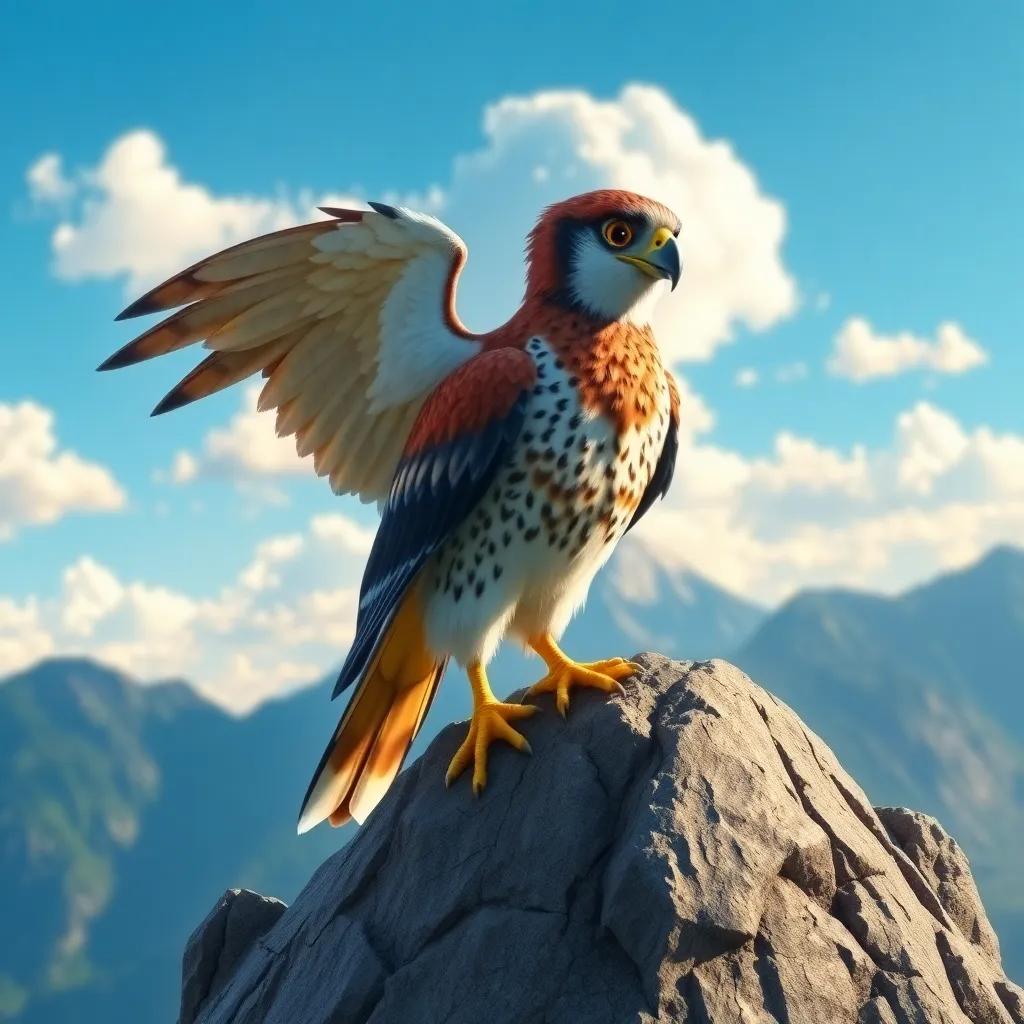 A clever falcon, Rifat, with shiny feathers and strong wings, standing proudly on a high mountain peak, bright blue sky and fluffy clouds, digital art, vibrant colors, majestic atmosphere, high quality