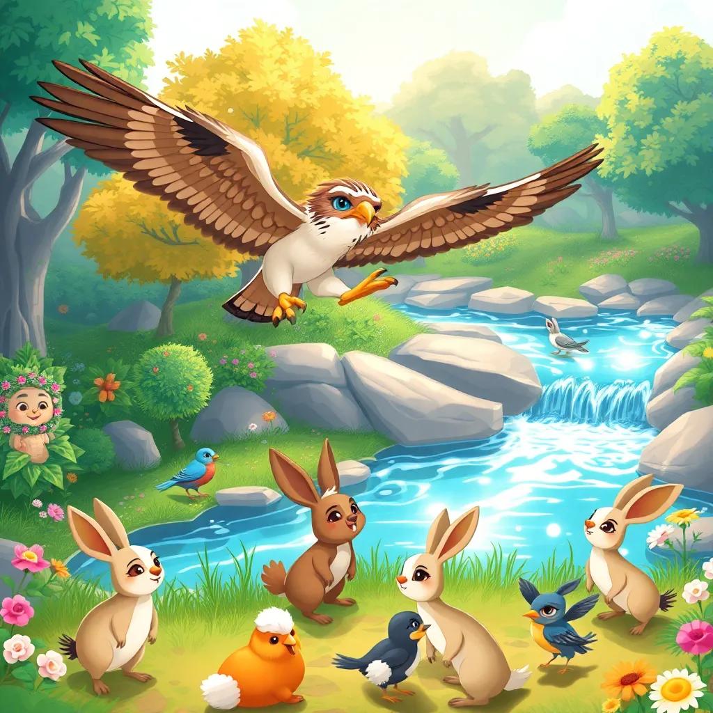 Rifat, the clever falcon, flying over a playful group of rabbits and birds near a shimmering river, colorful nature background with trees and flowers, cheerful illustration, lively atmosphere, child-friendly