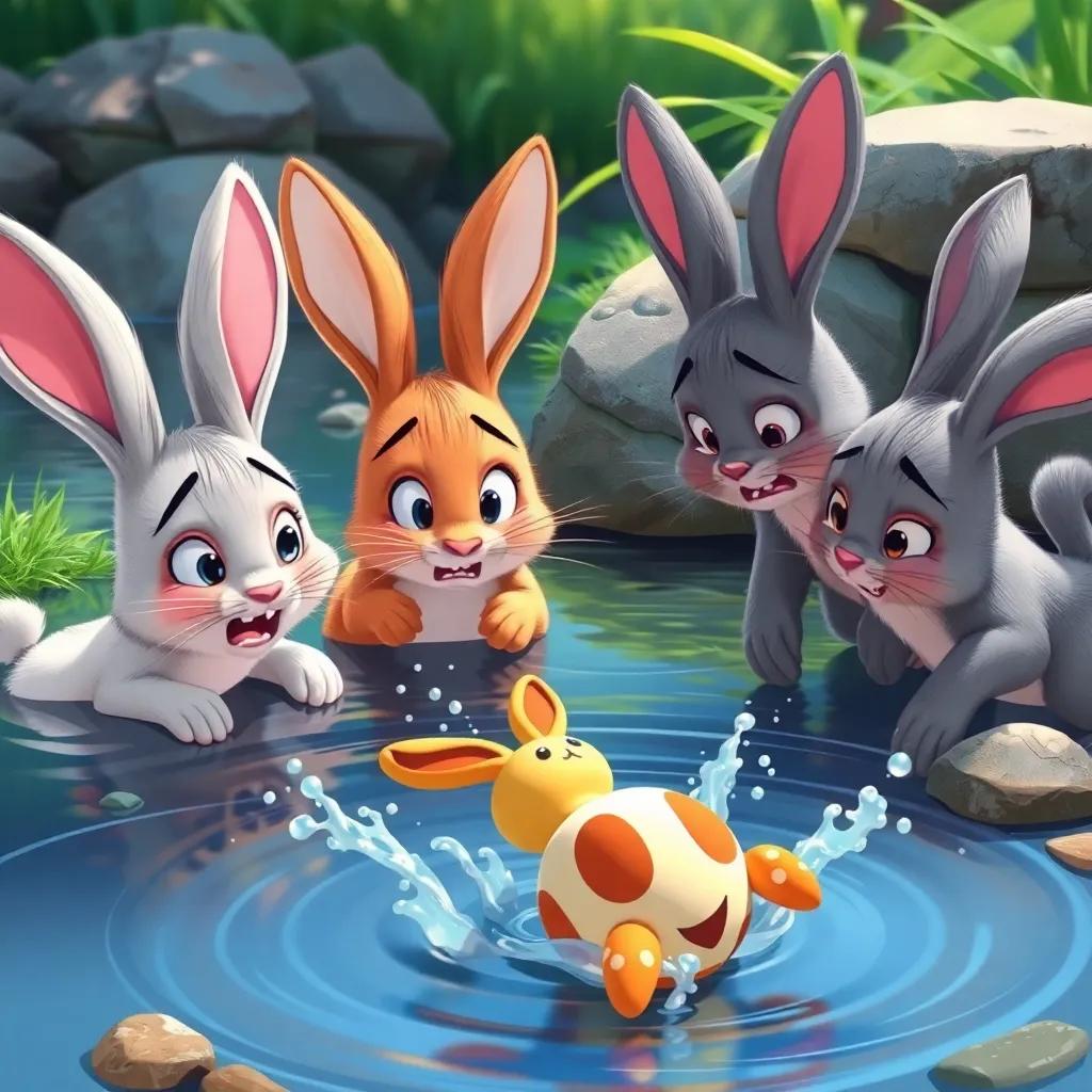 The rabbits panicking as one of their toys falls into the river, with splashes and ripples visible, illustrating their worry on their small faces, engaging scene, cartoon style, bright colors, inviting perspective
