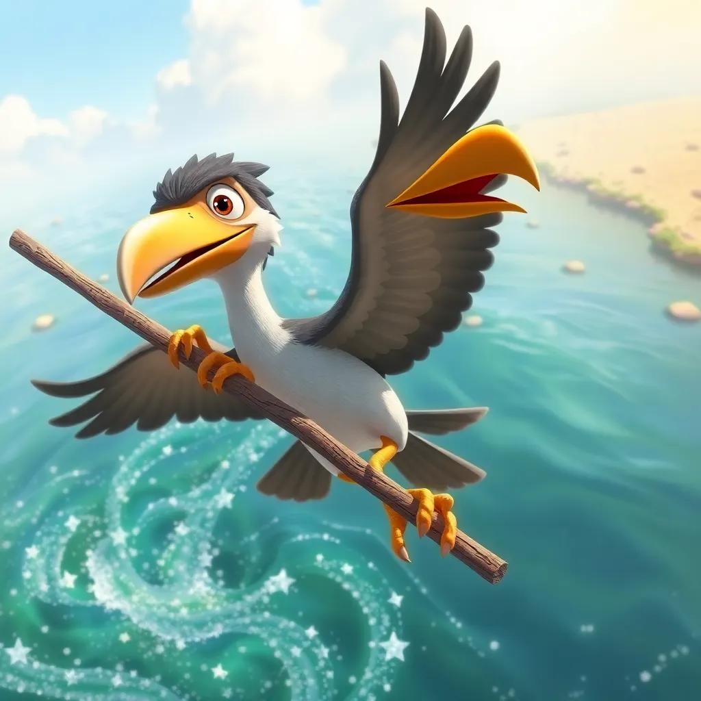 Rifat using his beak to grab a long stick, flying above the sparkling river, with determination in his eyes, clear sunny day, action-packed scene, high-quality digital painting